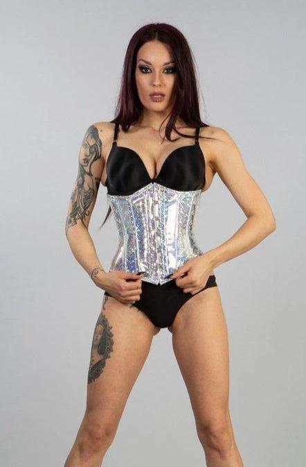 Candy Underbust Steel Boned Corset In Hologram Silver Pvc Vinyl