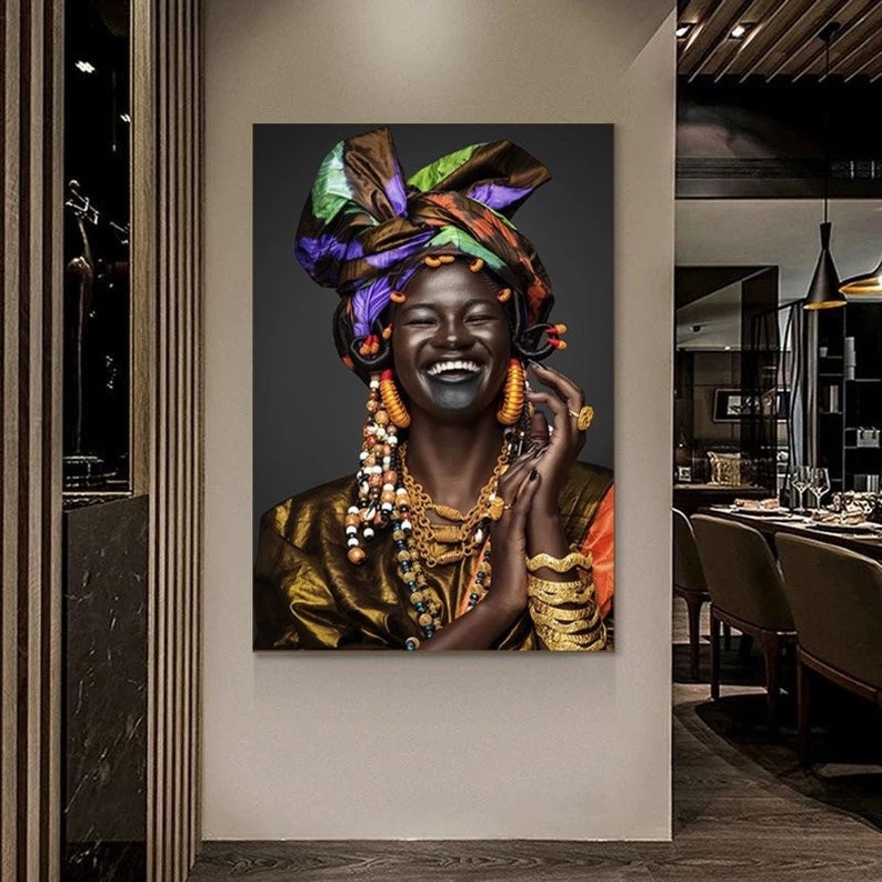 African Smiling Woman Wall Art,African Woman Canvas,Black Woman Make Up Home Decor