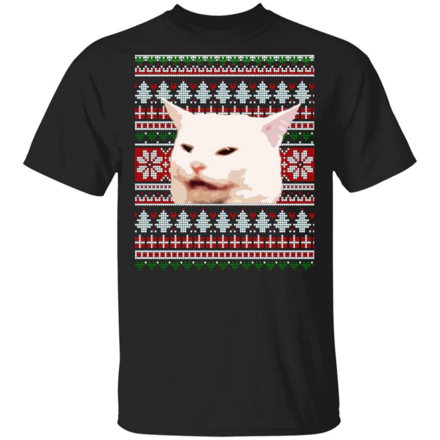 Funny Cat Woman yelling at a cat confused Christmas Meme T-Shirt