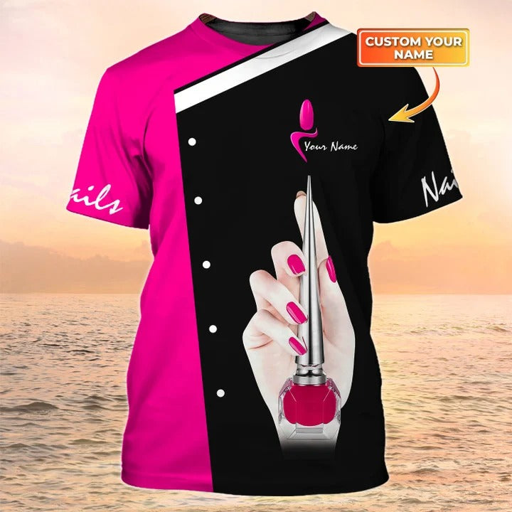 Nail Tech Custom Tshirt Nail Salon Uniform Black Pink 3D Tee Shirt