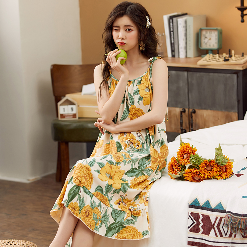 Summer Night Dress Cotton Girls Sleepwear Floral Casual Sweet Loose M-4XL Female Nightgown Sexy Sling Women Nightwear alx