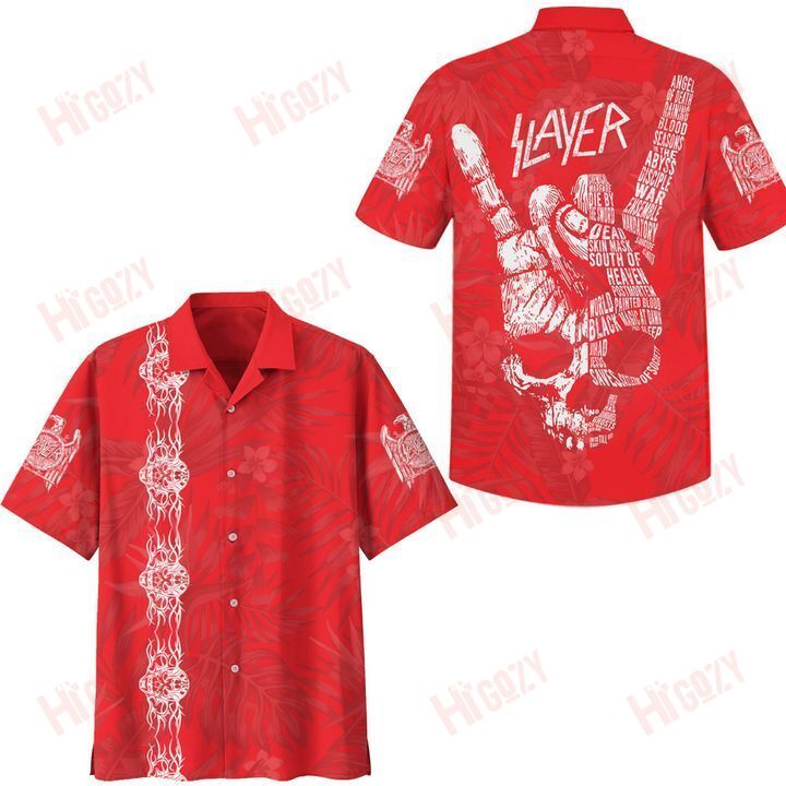 Beach Shirt Slayer Band Skull Hand Red Hawaiian Aloha Shirts, Slayer Band Logo Short Sleeve Shirt