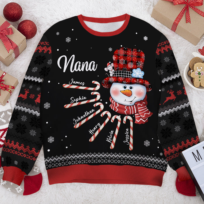 Nana Snowman Candy Cane – Personalized Custom Unisex Ugly Christmas Sweatshirt, Wool Sweatshirt, All-Over-Print Sweatshirt –  Gift For Grandma, Grandparents, Christmas Gift