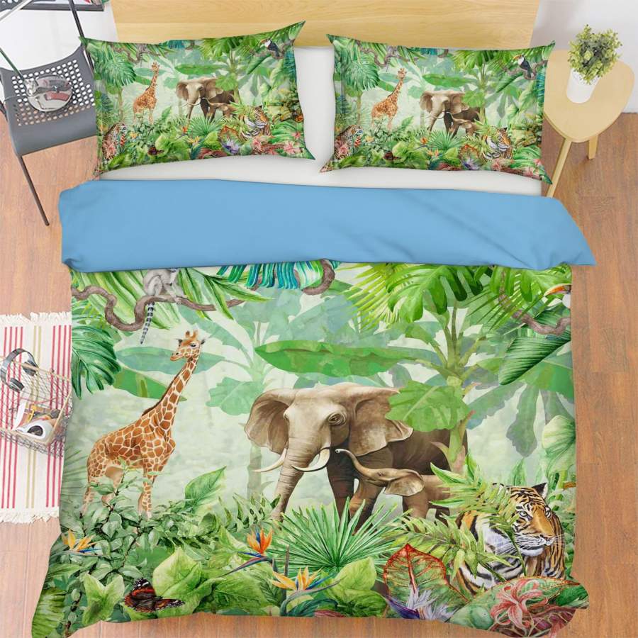 3D Green Jungle Giraffe Elephant Tiger Quilt Cover Set Bedding Set Pillowcases 86