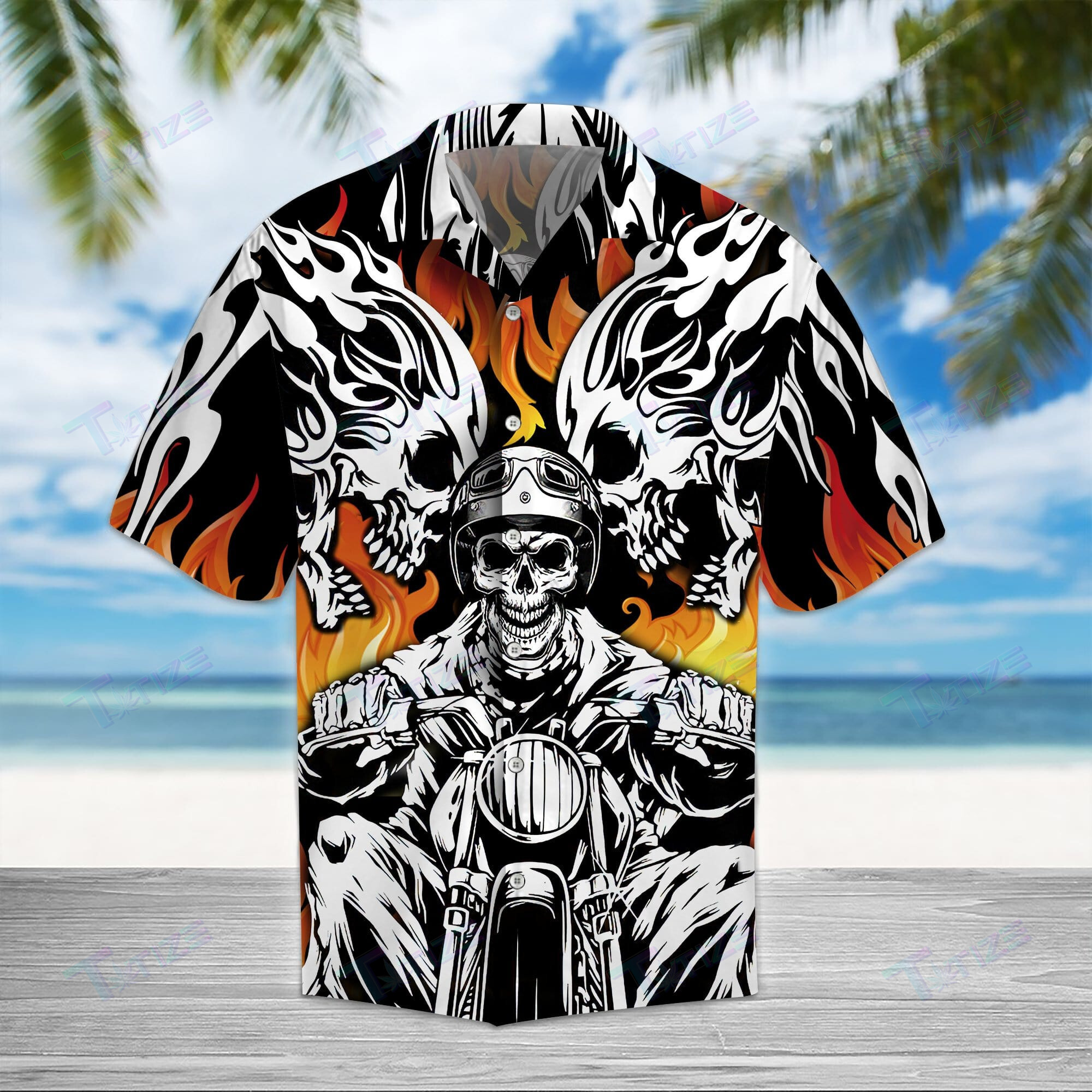 Skull Biker Motorcycles Racing On Fires All Over Printed Hawaii Shirt Size S Ha80442