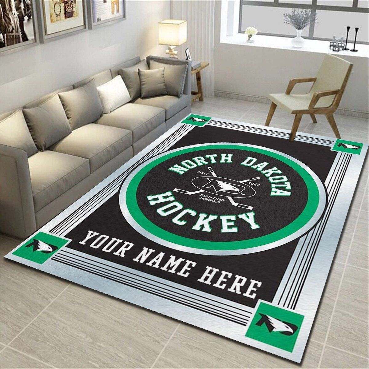 North Dakota Personalized Area Rugs, Team Living Room Carpet, Customized Floor Decor