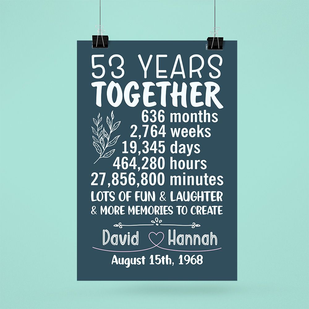 Personalized Name & Date 53Rd Wedding Anniversary Gifts Poster For Couple, Parents, Wife & Husband, Him, Her