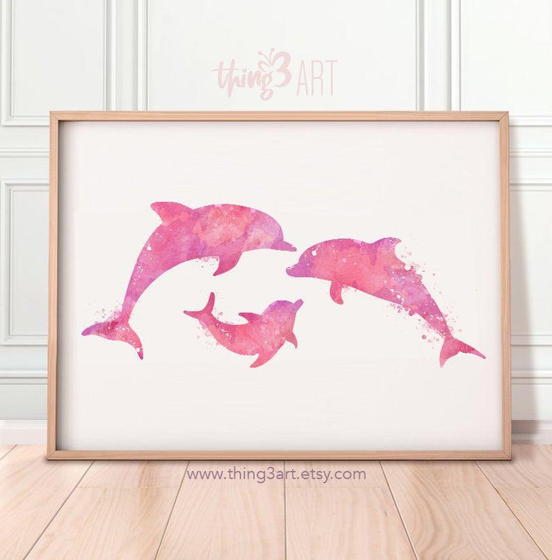 Dolphin Family Watercolor Art Print – Dolphin Family Of 3 Watercolor Poster