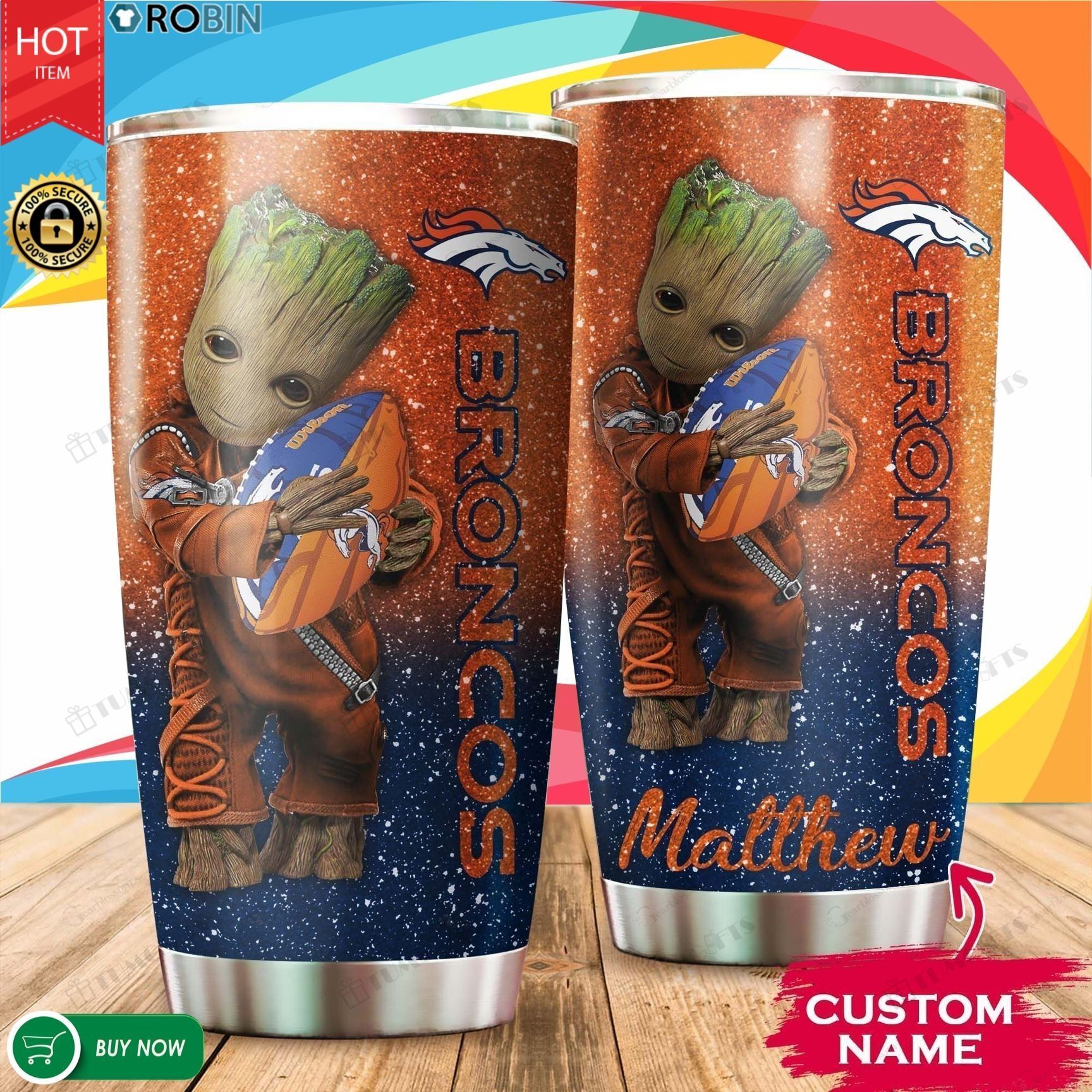 Buy Personalized Baby Groot Hug Denver Broncos Custom Stainless Steel Tumbler