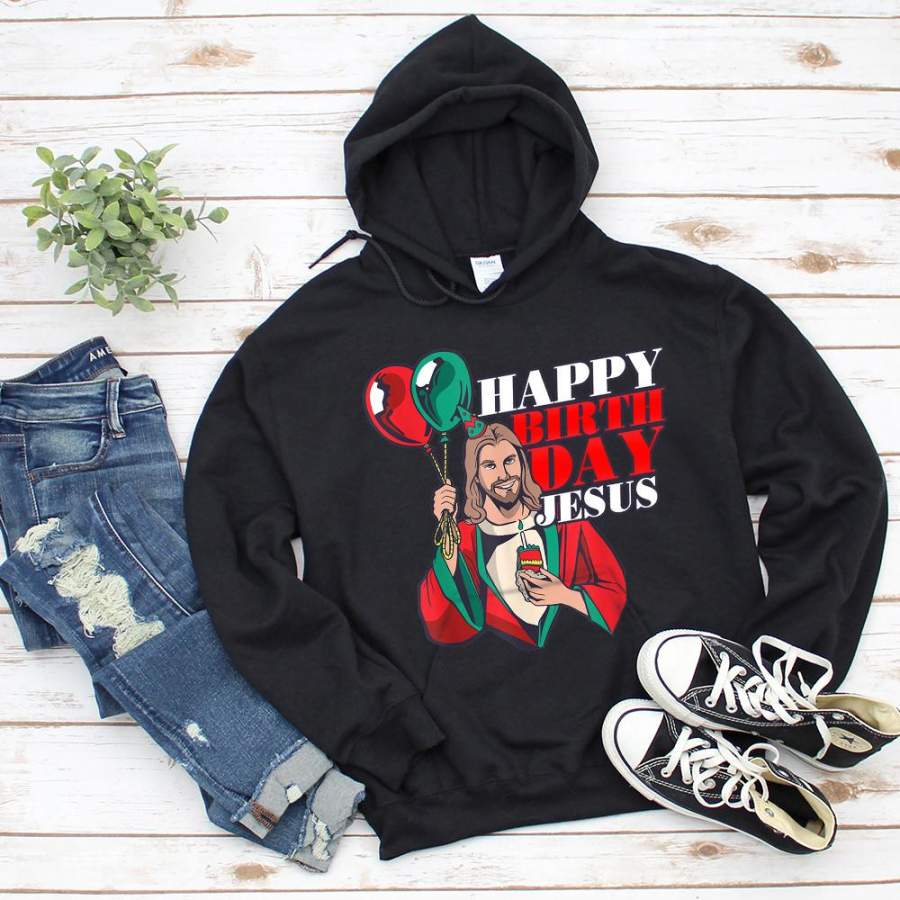 Happy birthday jesus funny christmas red & green balloon hoodie for men and women S-5XL