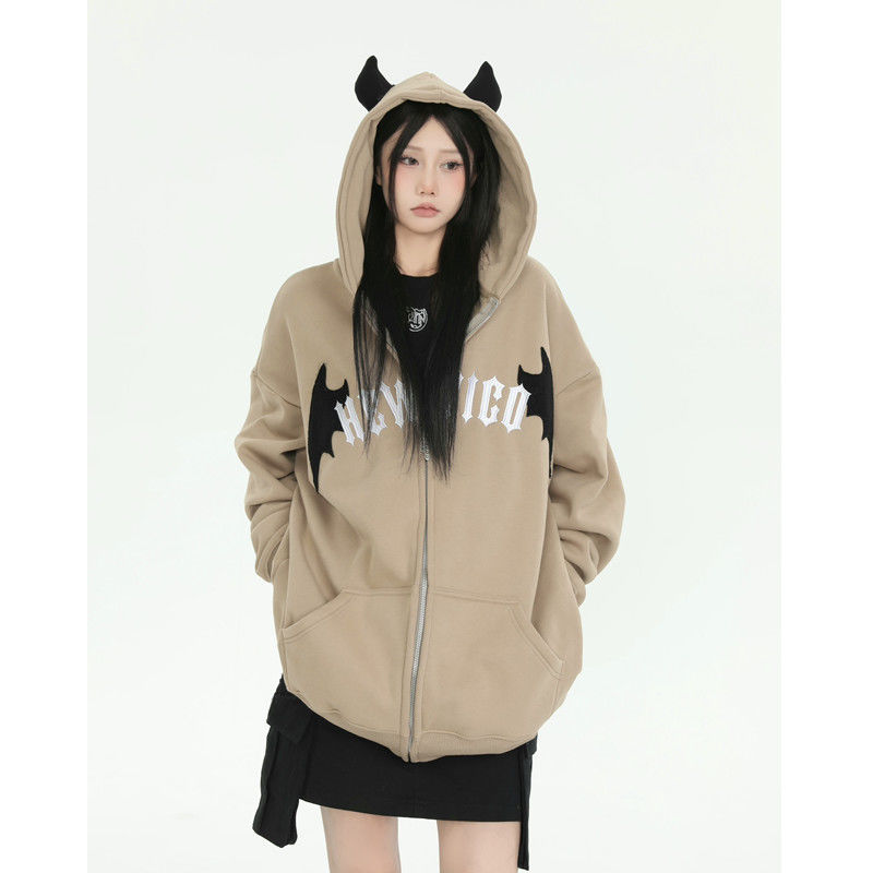 2022 Harajuku Demon Embroidery Hoodies Oversized Sweatshirt Gothic Goth Zip Up Hoodie Y2k Clothes Couples Streetwear Women tops alx