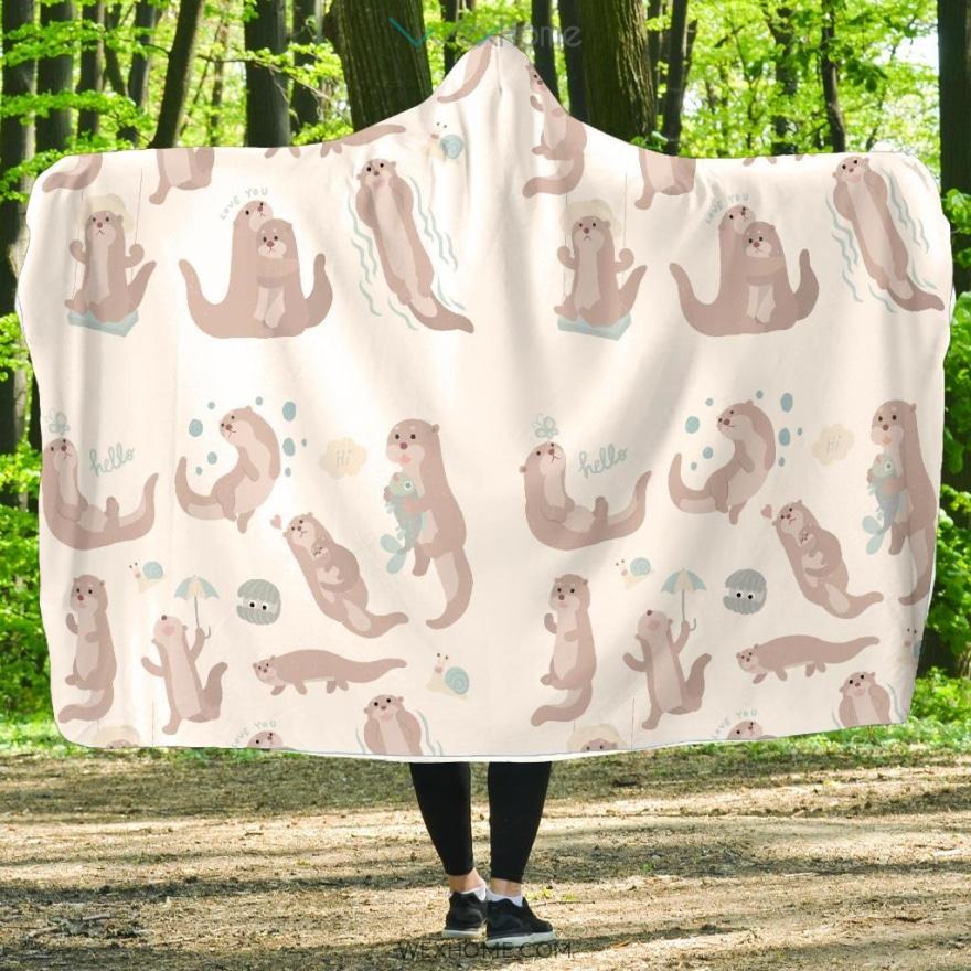 Cute Sea Otters Pattern Hooded Blanket