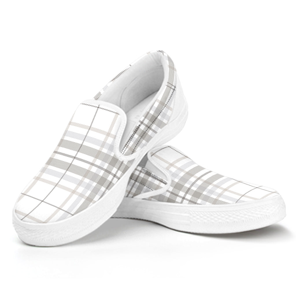 White And Grey Plaid Pattern Print White Slip On Shoes