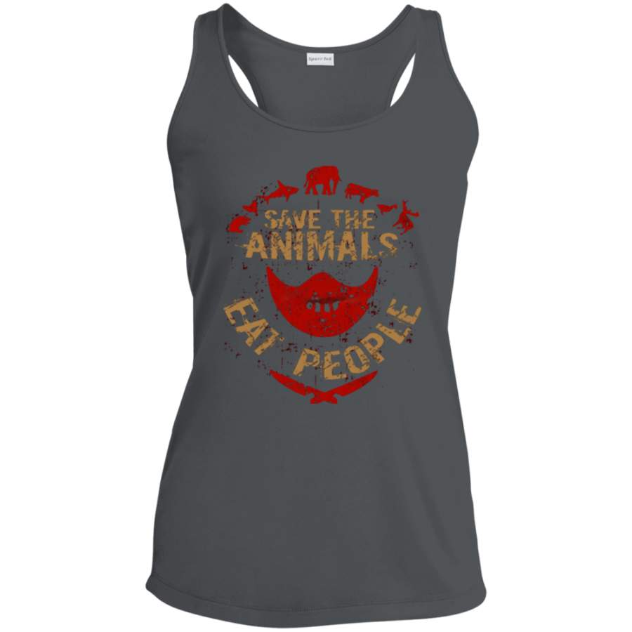 save the animals, EAT PEOPLE Ladies Racerback Moisture Wicking Tank