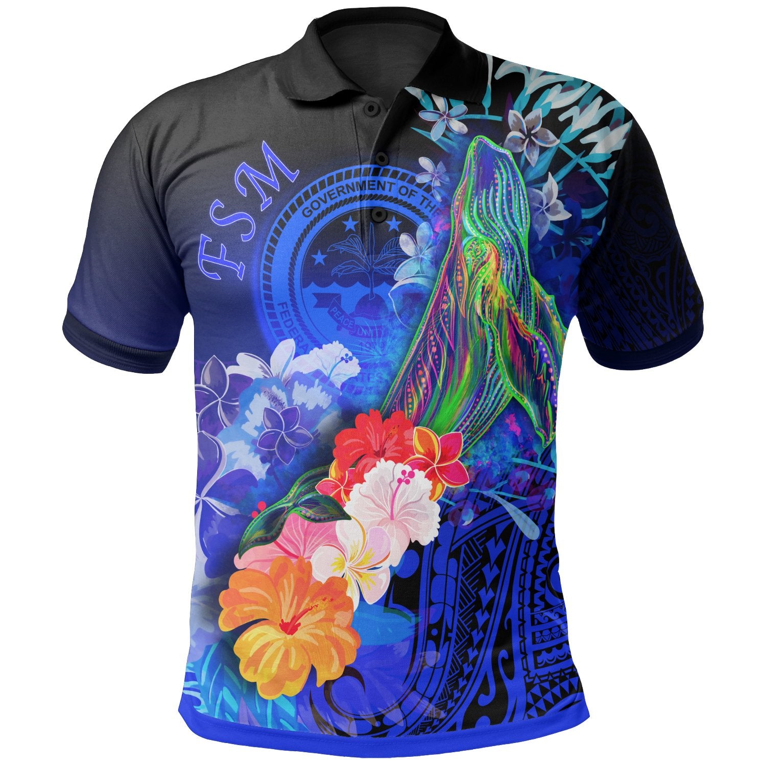 Fsm Polo Shirt – Humpback Whale With Tropical Flowers (Blue)