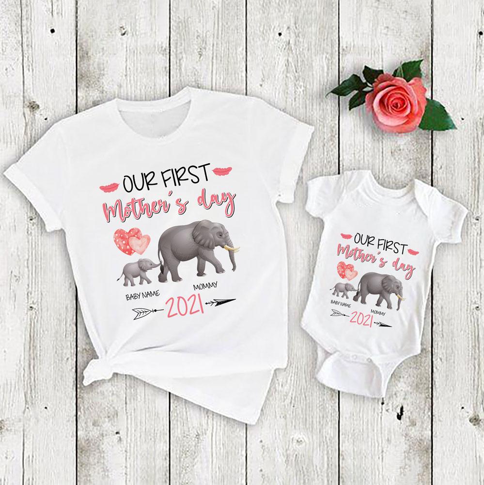 Personalized Our First Mother’s Day Mommy And Me Shirt Elephant Onesie