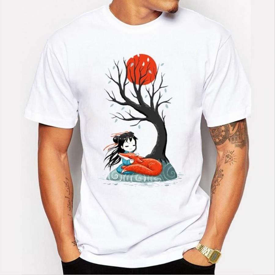 New Fashion Men Customized T-Shirt Girl And A Fox Cartoon Printed Male T Shirts Short Sleeve O-Neck Casual Tops Funny Cool Tee