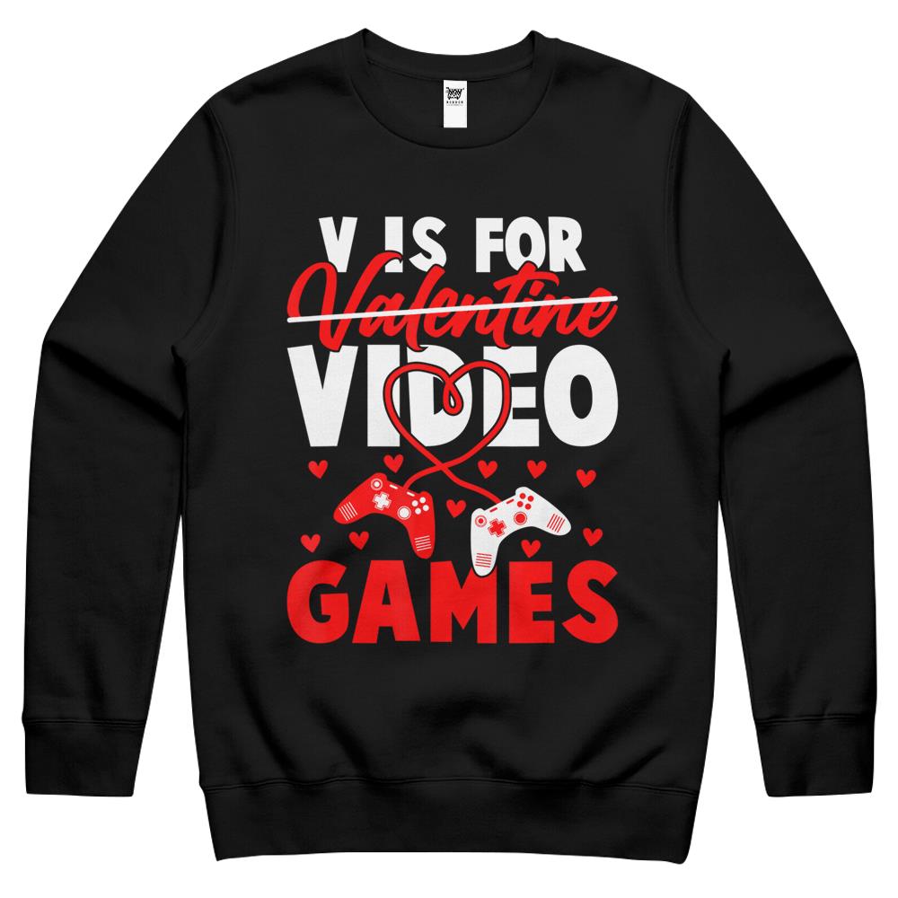 V Is For Video Games Funny Valentines Day Gamer Boy Crewneck Sweatshirt