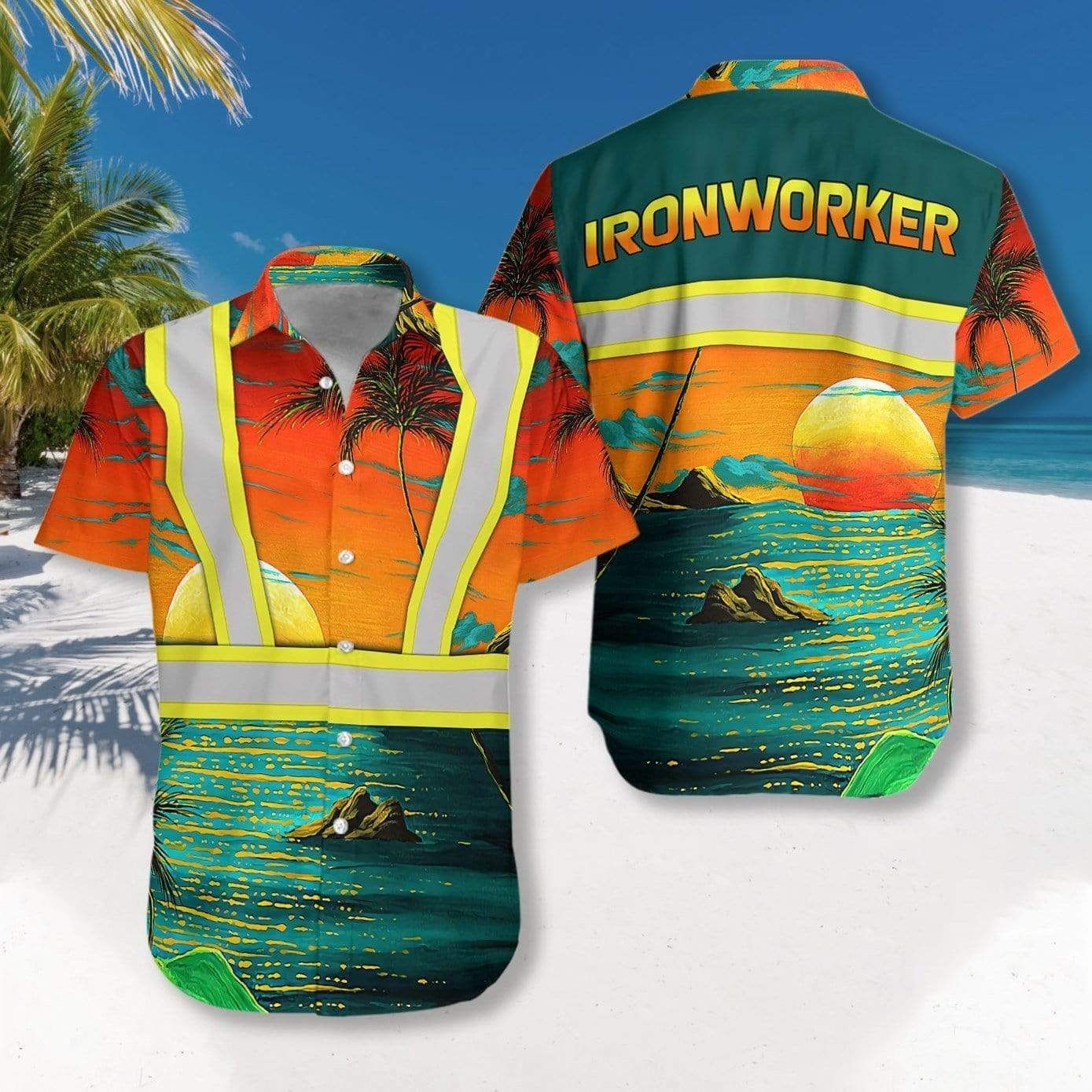 Discover Cool Ironworker Uniform In The Beautiful Sunset Green Orange Hawaii Aloha Shirts Ha106861