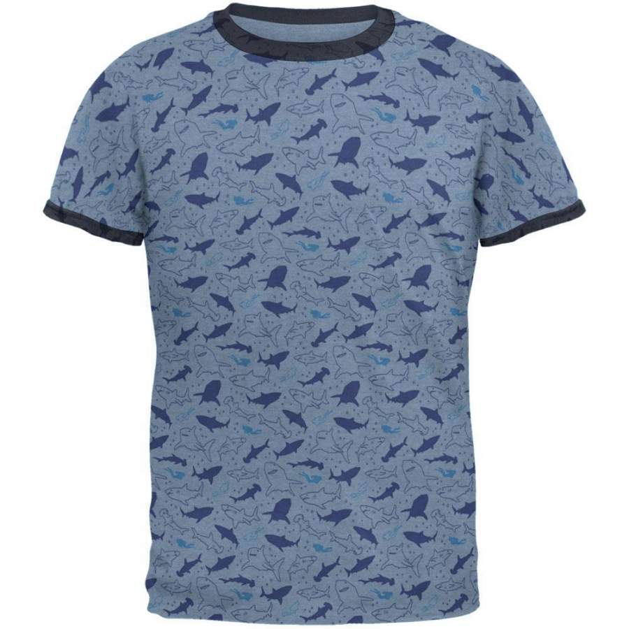 Shark Sharks Outline Repeat Pattern Mens Ringer T Shirt