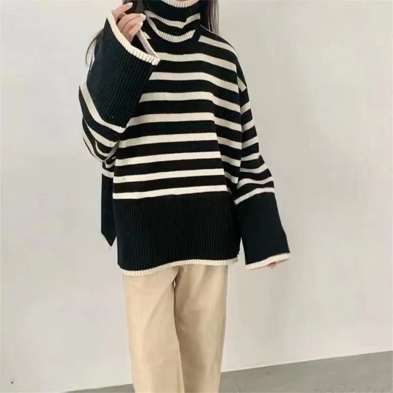 Autumn and winter new striped slit knit sweater women 2021 Korean long sleeve pullover all-match wear top harajuku sweater alx