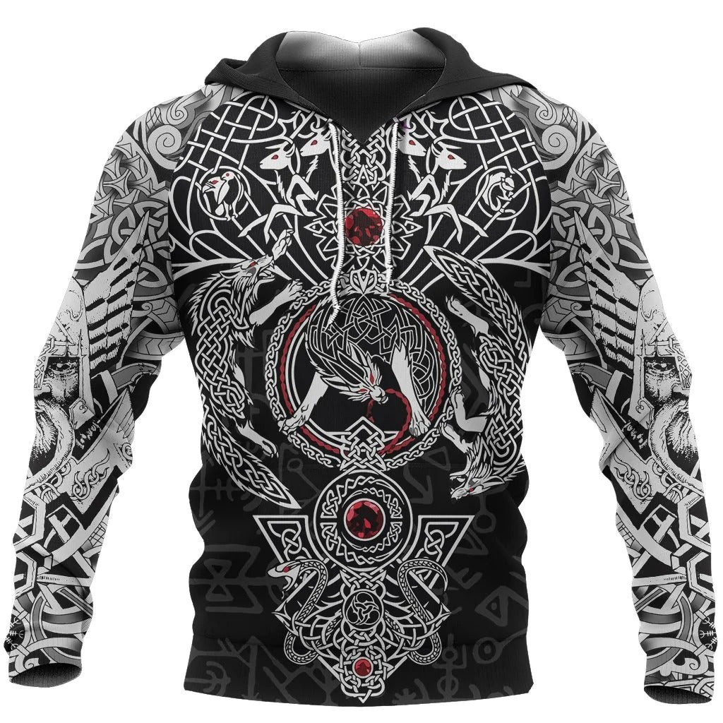 Vikings Fenrir Skoll And Hati Valknut Pull Over Hoodie, Viking Hoodie, Sublimation Viking On Hoodie