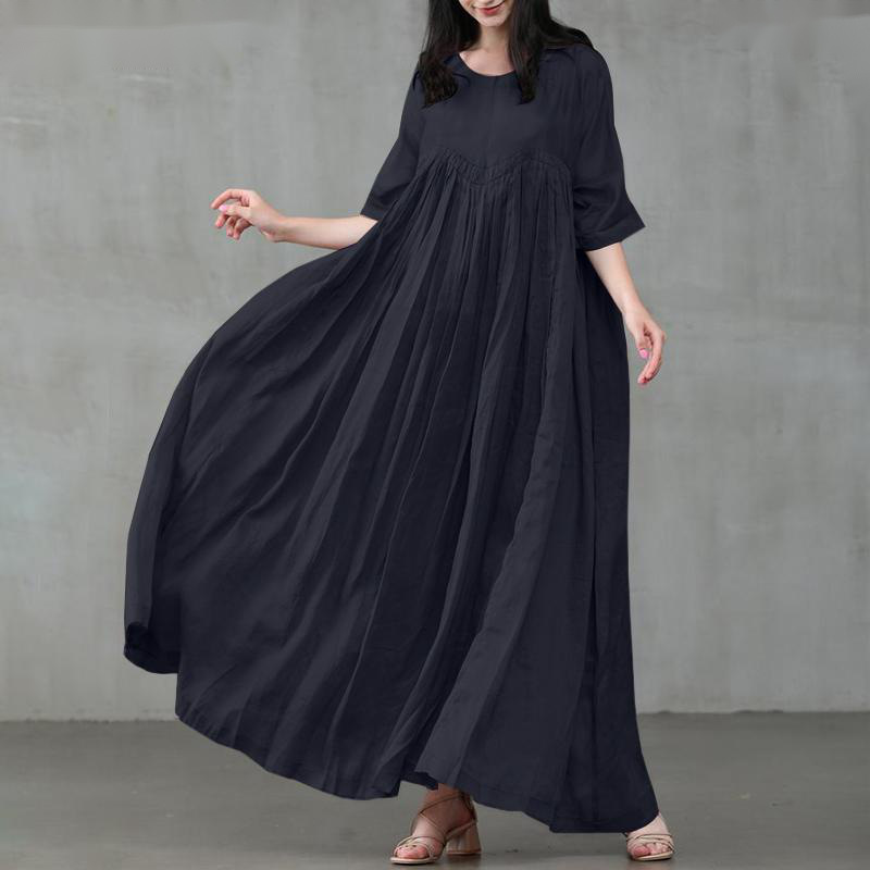 Vintage Solid Folds A-line Party Dress Women Summer Casual O Neck Half Sleeve Cotton Linen Maxi Dresses Elegant Ladies Vestios alx