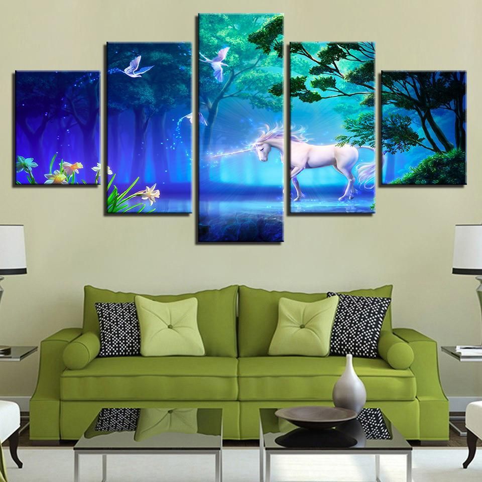 White Horse Animals Dream Forest Unicorn Abstract Animal 5 Panel Canvas Art Wall Decor