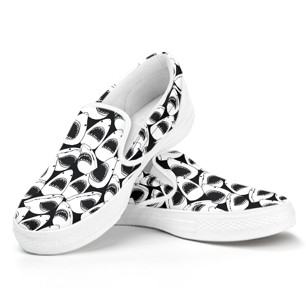 White And Grey Shark Pattern Print White Slip On Shoes