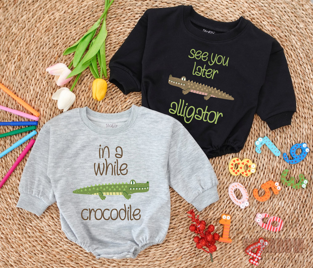 STAFAZ- See You Later Alligator, In A While Crocodile Twin Onesies,Funny Baby Twin Rompers, Cute Twin Baby Onesies, Twin 1st Birthday Outfit