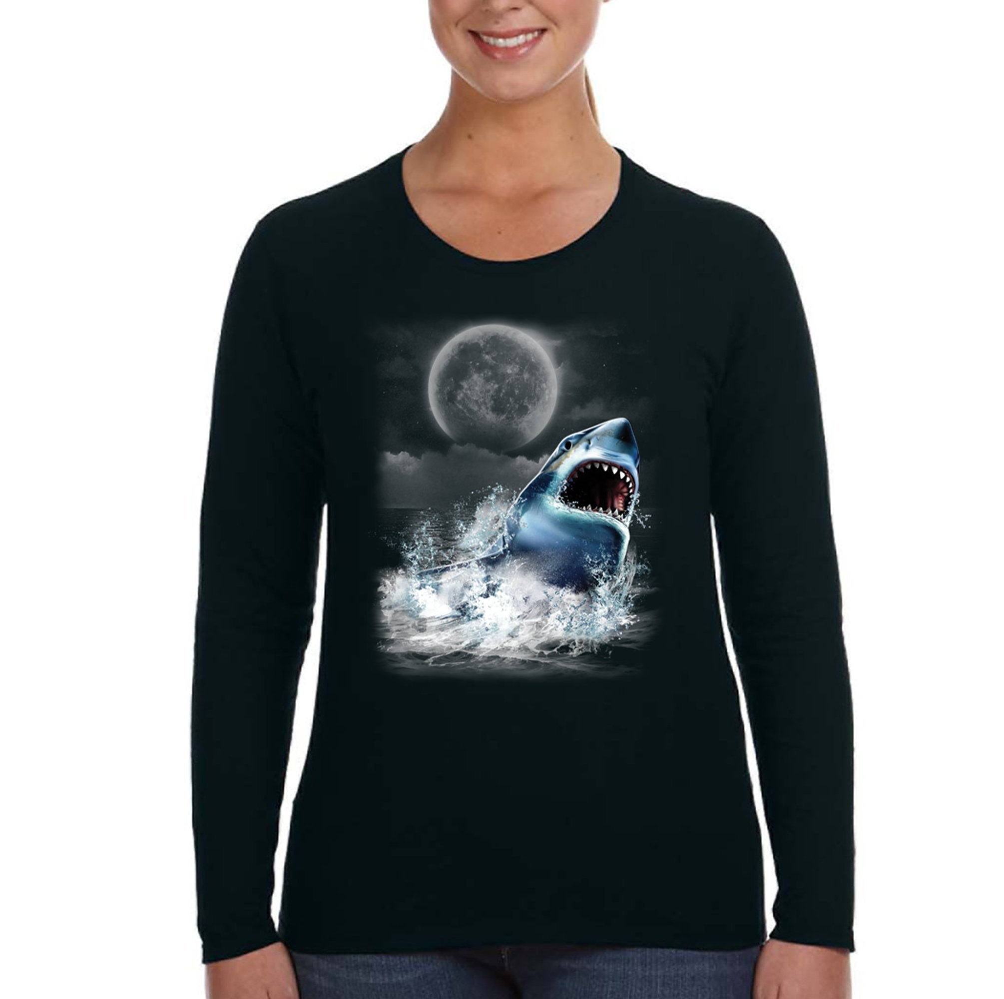 Xtrafly Apparel Women’S Great White Shark Moon Jaws Beach Ocean Swim Fish Fishing Diving Surf Surfing Mako Blue Tiger Long Sleeve T-Shirt