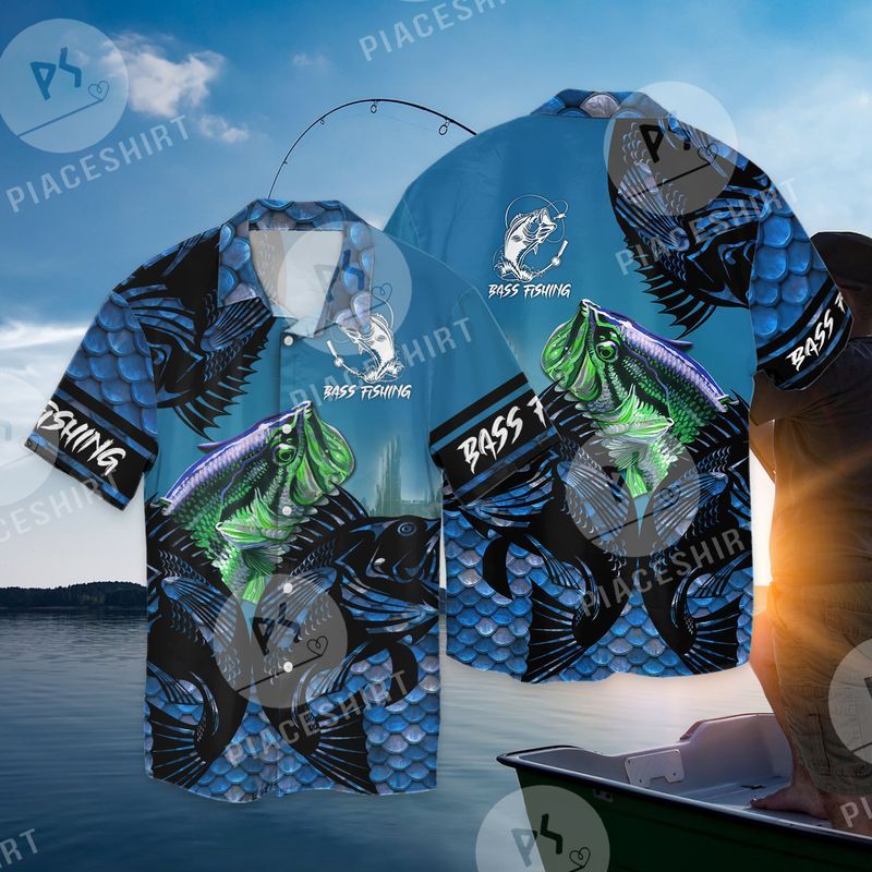 Bass Fishing Blue Muddy Camo 3D Full Print Hawaiian Shirt