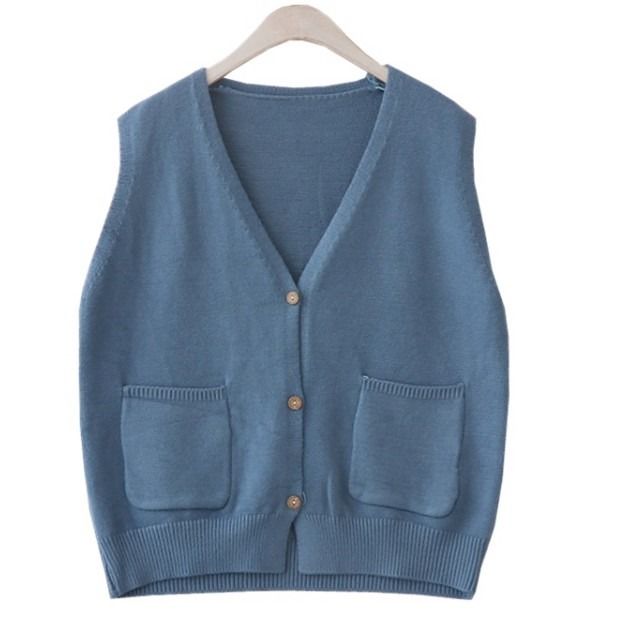 Sweater Vest Women Pocket Solid Simple Elegant Korean Knitted Open-stitch All-match Preppy Style Loose Fashion V-neck Sleeveless alx