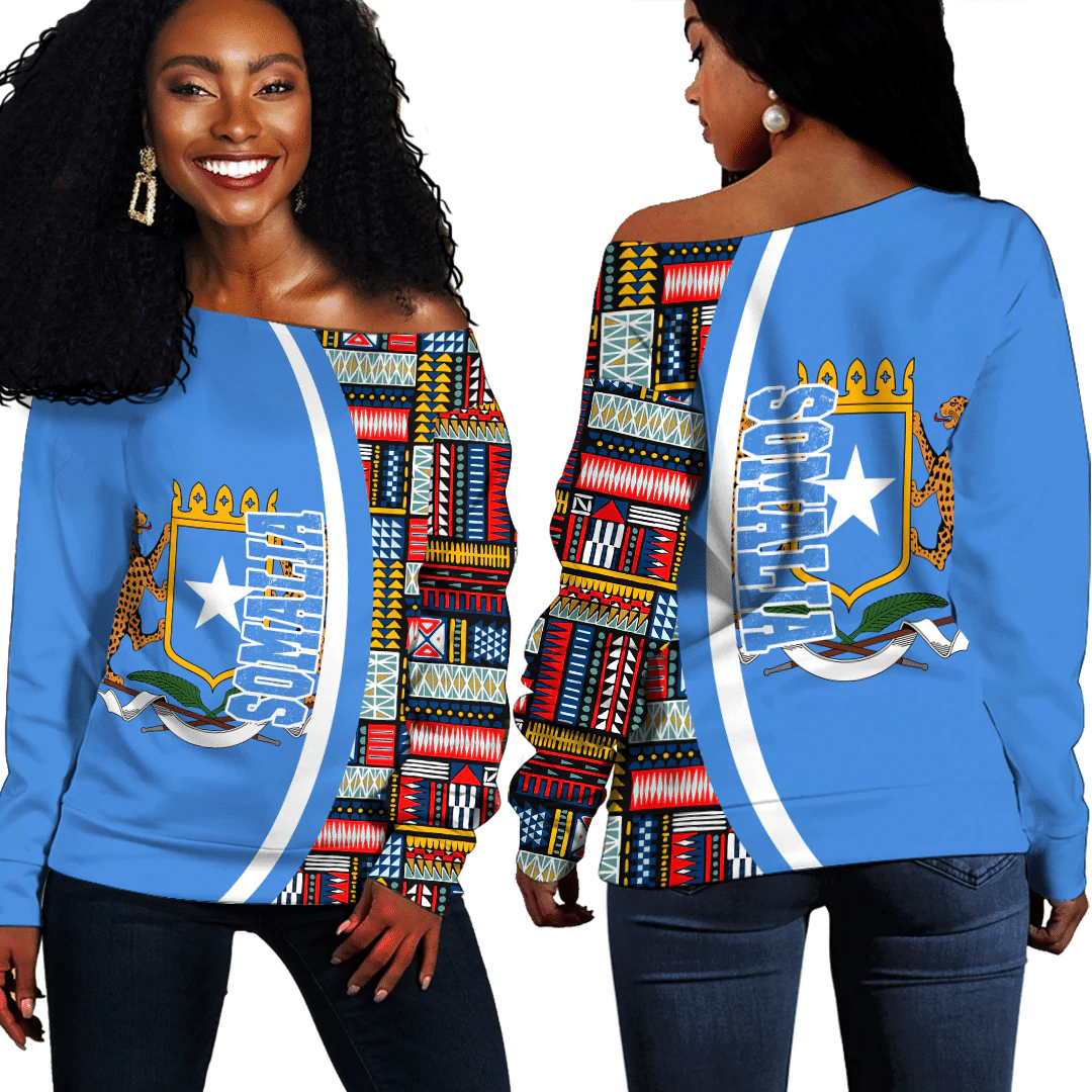 Africazone Clothing – Somalia Flag And Kente Pattern Special Women’S Off Shoulder Sweaters A35