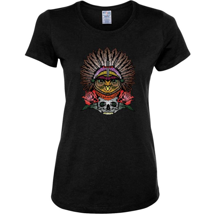 Funny Bird Chief Skull and Roses Vintage Pop Culture Womens Graphic T-Shirt