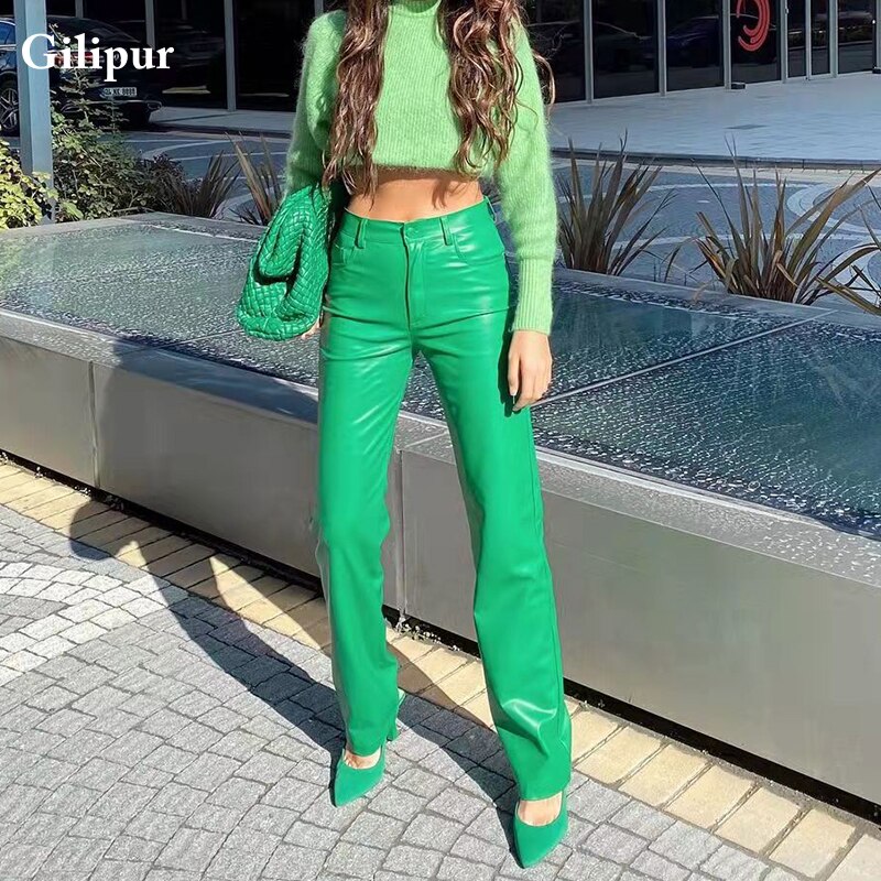 Black Pu Faux Leather Pants Fashion Women’s Pants High Waist Straight Casual Urban Trousers 2022 Winter Trousers Streetwear alx