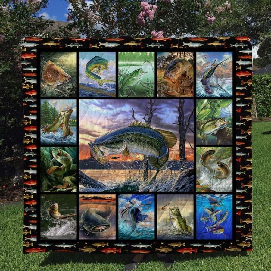 Wozoro Quilt Blanket Fishing Bass Fish Twin Queen King Size