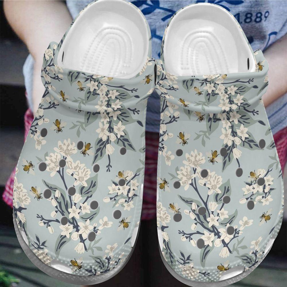 Bee Personalize Clog, Custom Name, Text, Fashion Style For Women, Men, Kid, Print 3D Whitesole Bee And Flowers