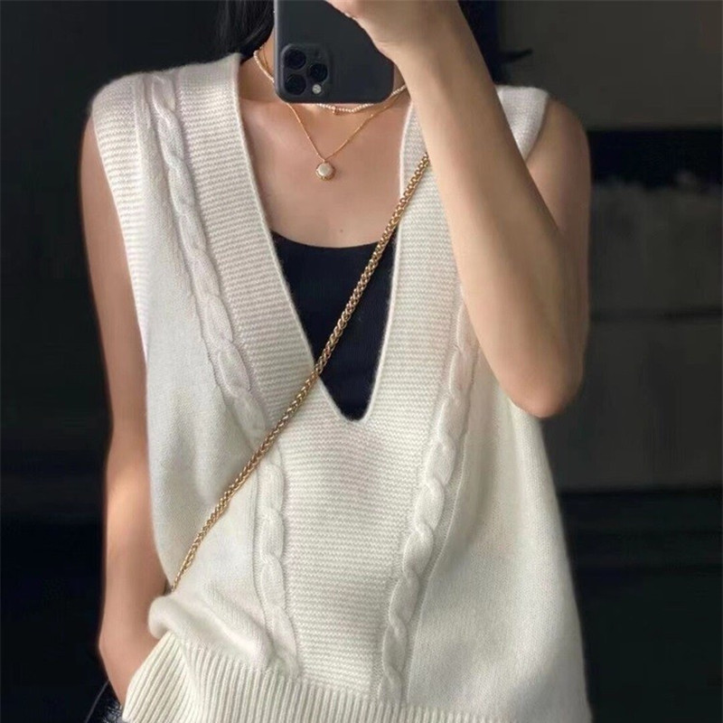 2021 New 100%Pure Wool Cashmere Vest Women V-Neck Thick Sleeveless Wild Sweater Autumn Large Size Waistcoat Knit Vest Pullover alx