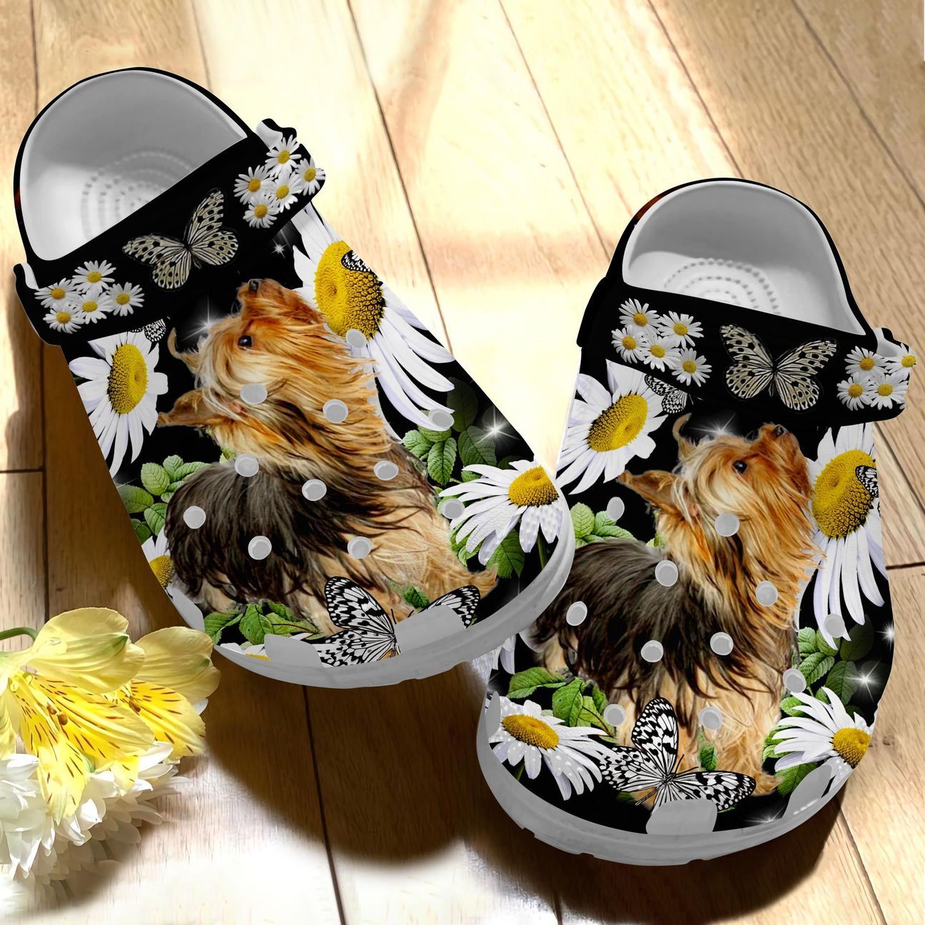 Yorkshire Personalize Clog, Custom Name, Text, Fashion Style For Women, Men, Kid, Print 3D Whitesole Yorkshire With Flowers