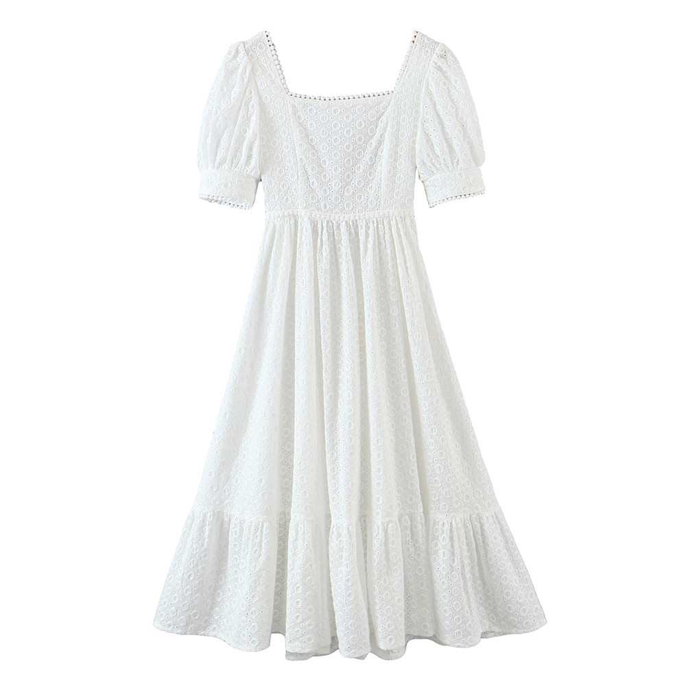 2022 Retro Women White Embroidery Lace Puff Sleeve Dress Square Collar Cross Lacing up Ribbon Backless Dresses Swing Long Robe alx