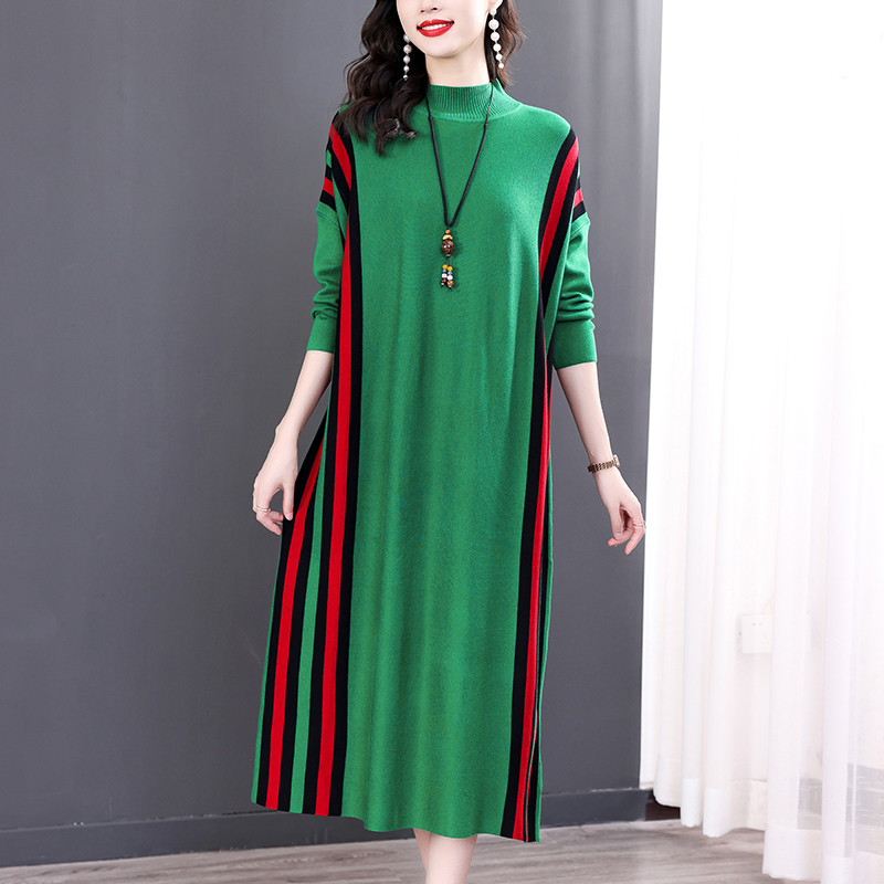 Winter Green Casual Knitted Sweater&Jumpers Autumn Elegant Vintage O-Neck Pullovers Women Bodycon Wool Sweater Midi Dresses alx