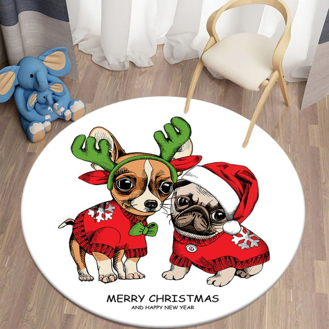 Cartoon Xmas Chihuahua & Pug Round Carpets For Children’S Room Living Room Rugs Puppy Soft Flannel Floor Area Rug