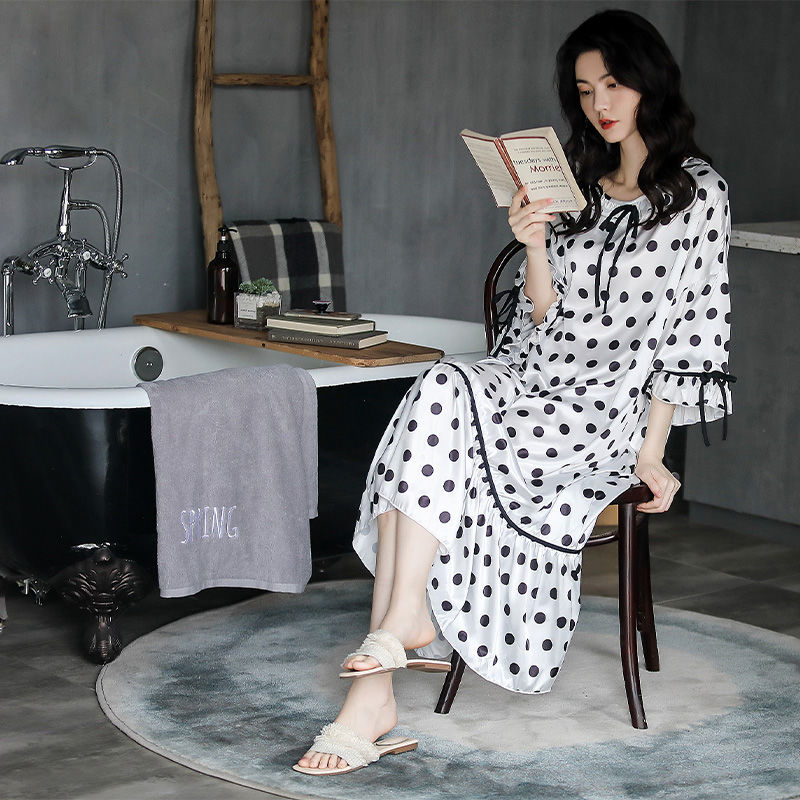 Sweet Silk Satin Nightgown Sleepwear Loose Casual Nightwear Loungewear Print Polka Dot Ruffle Nightdress Summer Long Home Dress alx