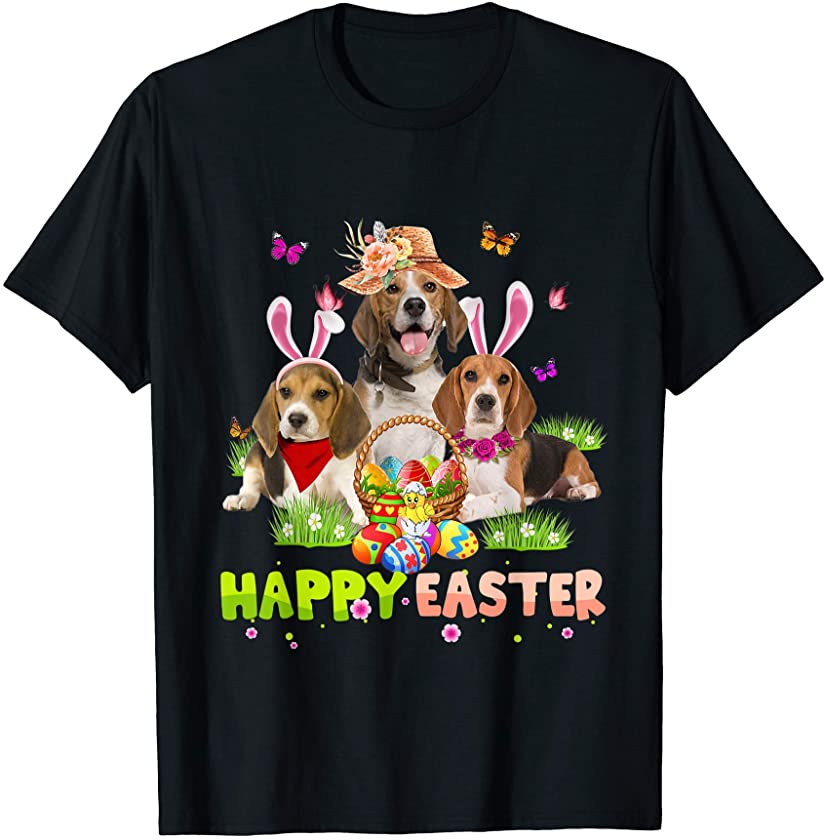 Three Beagle Dog Bunny and Eggs Easter 2021 T-Shirt