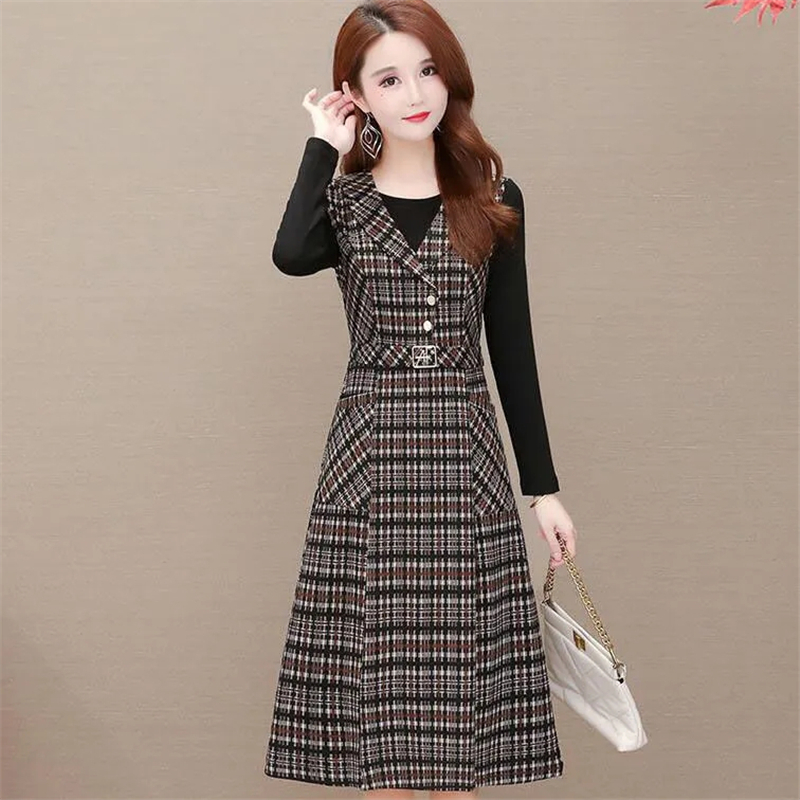 Spring Autumn Women Dresses New Lattice Splicing Long Sleeve Fake Two-piece Dress Elegant Ladies Office Mid Long Dress Vestidos alx