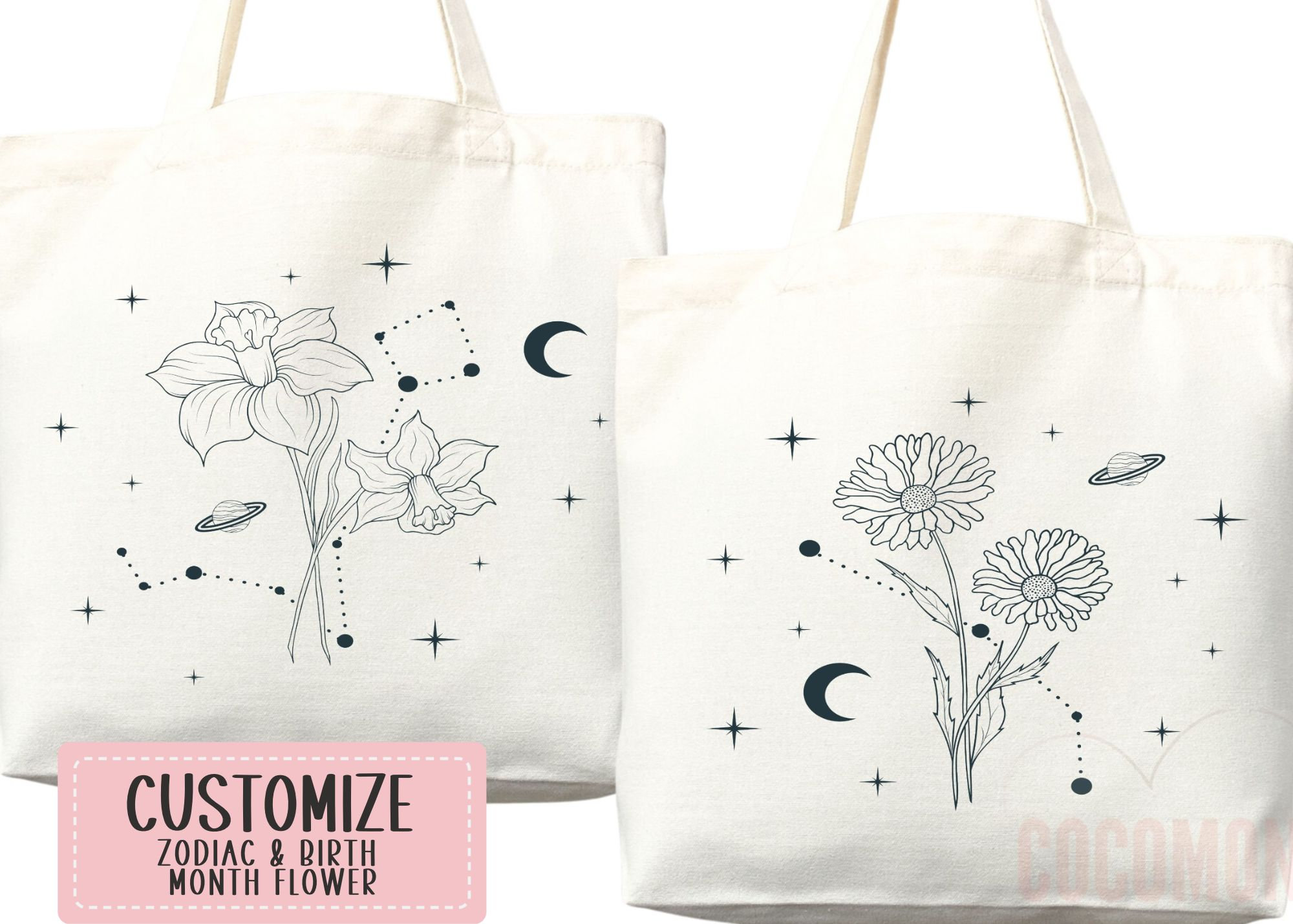 Custom Birth Flower Tote Bag Zodiac Gift Custom Zodiac Flower Bag Custom Tote Shopper Aesthetic Bag Flower Gift for Her Custom Gift for Mom