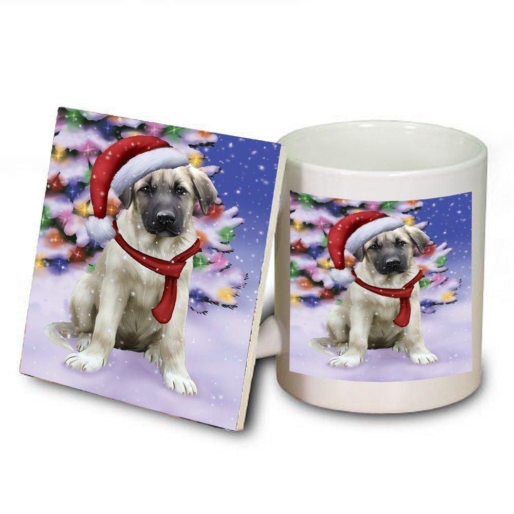 Winterland Wonderland Anatolian Shepherds Puppy Dog In Christmas Holiday Scenic Background Mug And Coaster Set