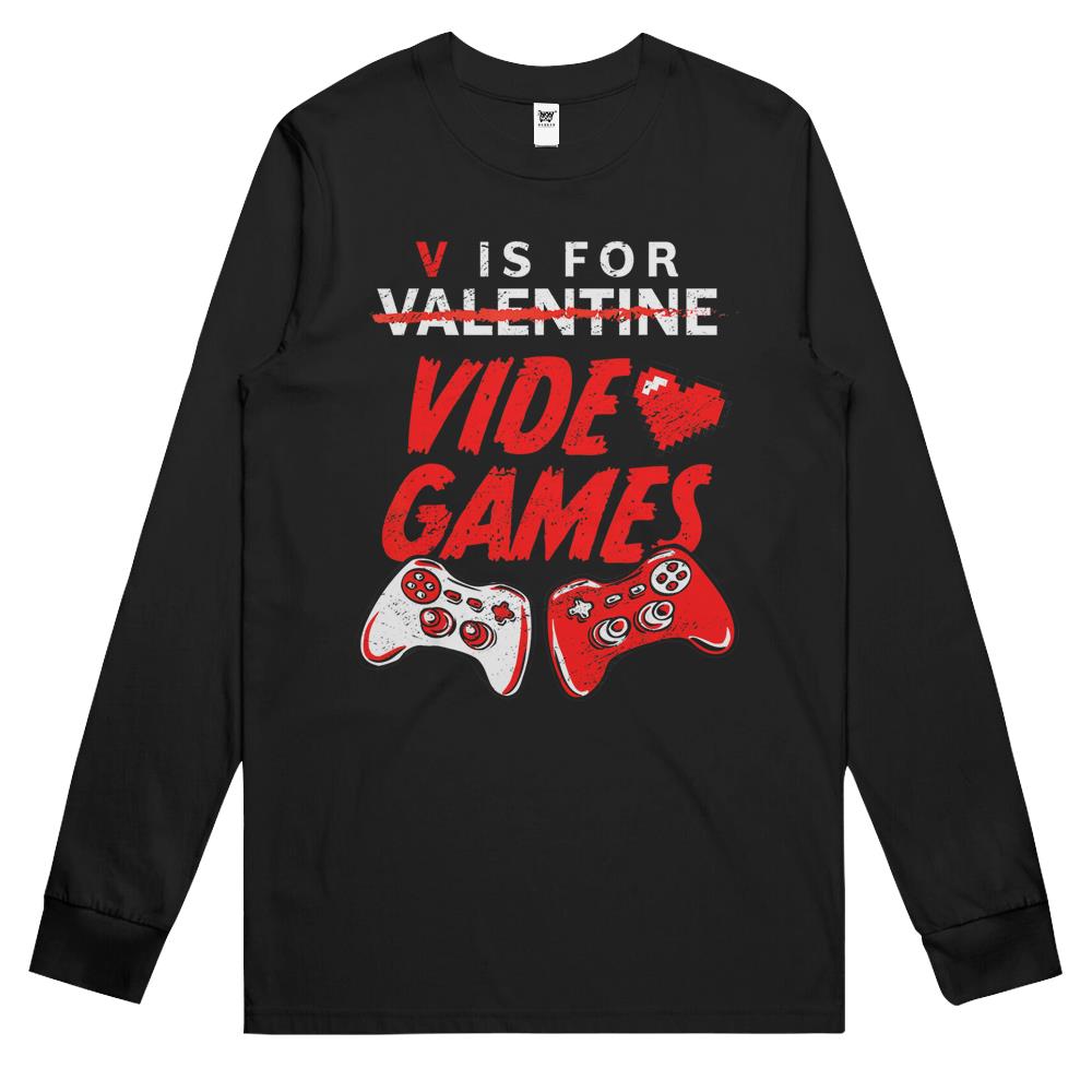 V Is For Video Games Funny Gamer Boy Men Valentines Day 2022 Long Sleeve T Shirts