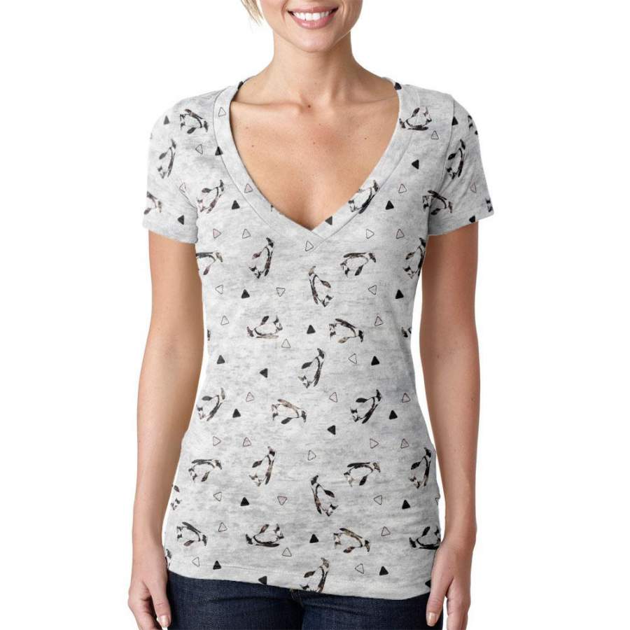 Retro Penguin Pattern Juniors Burnout V-Neck T-Shirt